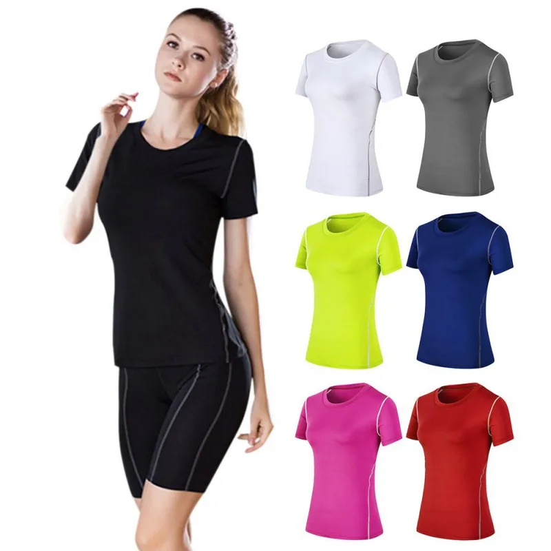 Fitness Women's Shirts Quick Drying T Shirt Elastic Yoga Sport Tights Gym Running Tops Short Sleeve Tees Blouses Solid color