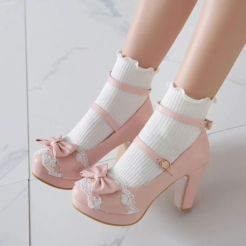 YQBTDL Summer 2022 Ladies Heels Platform Cute Bow Lace Princess Mary Jane Lolita Shoes Party High Heel Buckle Women Pumps Pink