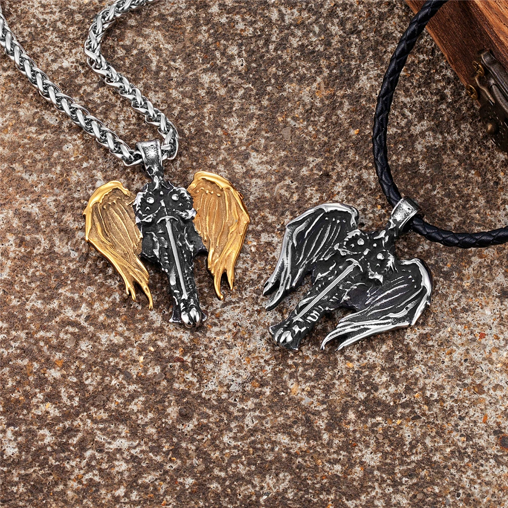 Fashion Norse Archangel Wings Necklaces Gold Color Never Fade Guardian Angel Amulet Pendant Slavic Genuine Leather Rope Jewelry