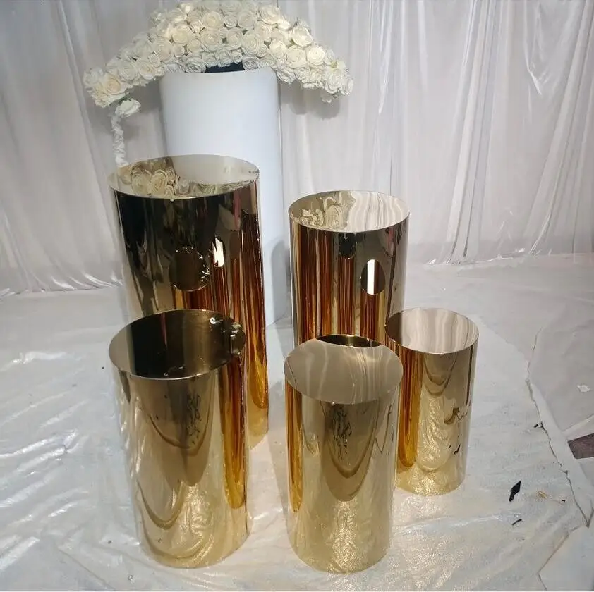 5pcs stainless steel high-quality Customized Mirror Wedding shinny Gold Round Plinths Cylinder Pedestals For Wedding Party