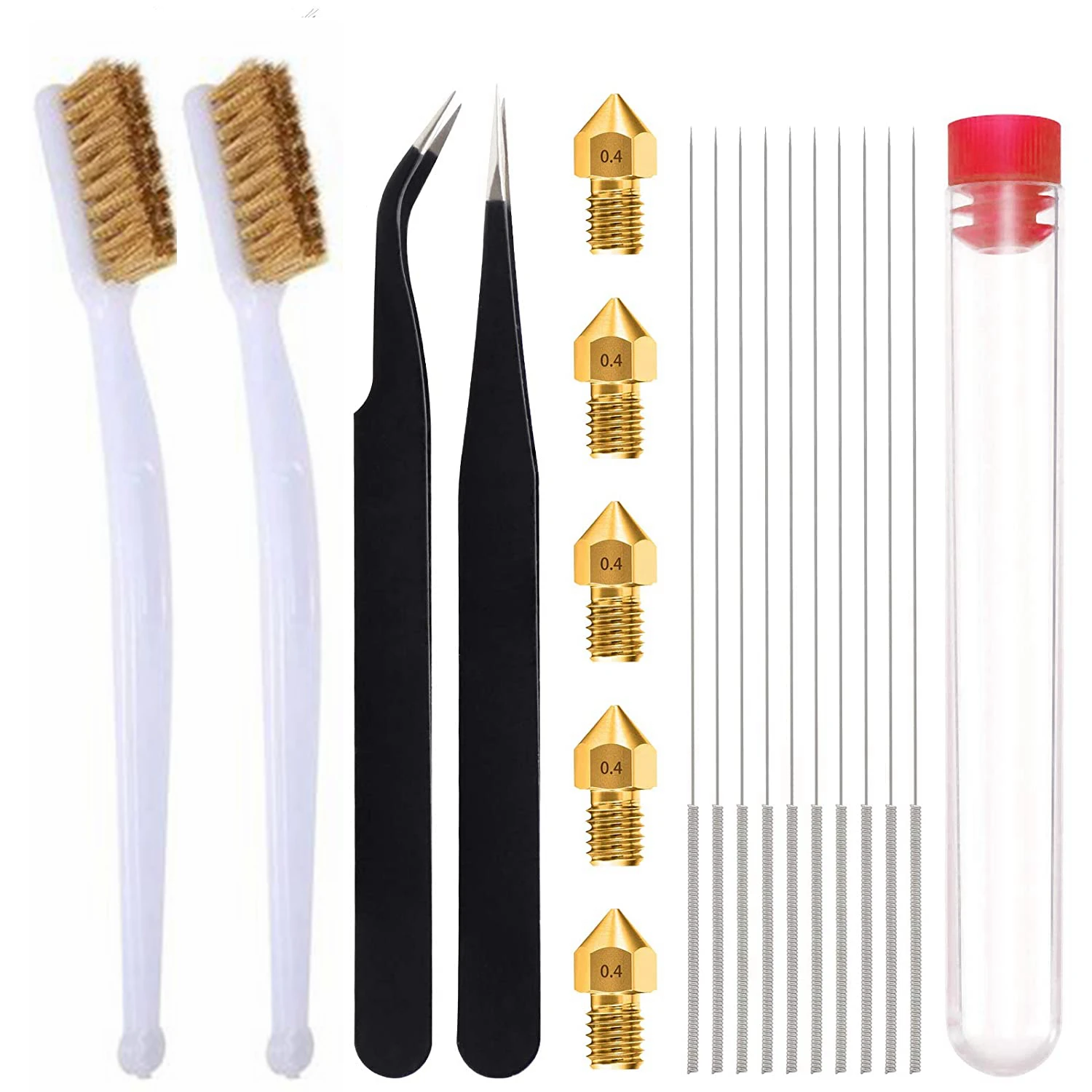 3D Printer Nozzles Cleaner Kit, 0.4mm Extruders Brass Nozzles, 0.4mm Stainless Steel Needles, Tweezers, Stainless Steel