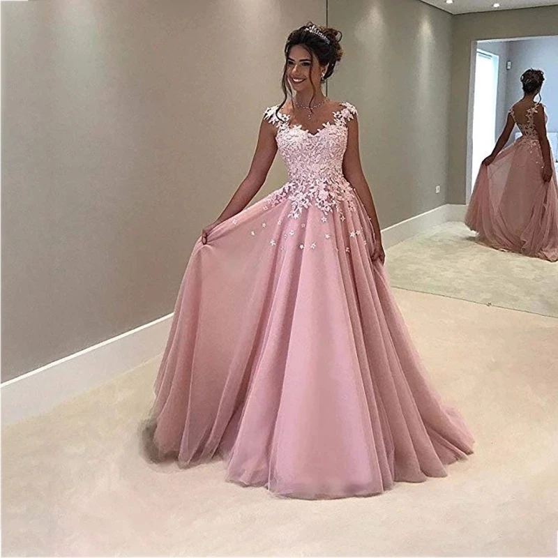 

Women's V Neck Princess Pink Tulle Prom Dresses Long Elegant Backless Lace Appliques Evening Party Gowns Vestidos de fiesta