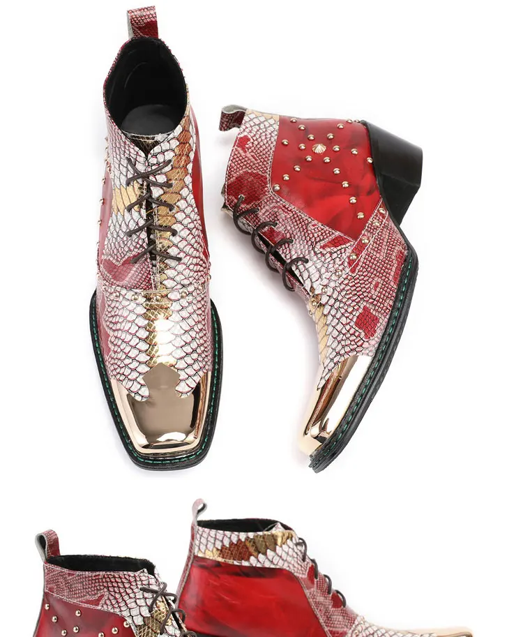 Men's Cowhide Serpentine Print Metal Decor Pointed Toe Belt High‑Heel Short Boots Western Cowboy Boots For Stage Show Party