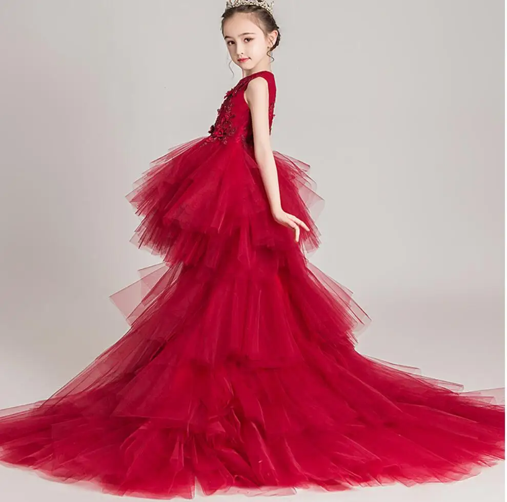 Red Tulle Girl Children Wedding Dress Appliques First Communion Formal long Lace Princess Prom Dress Party Girl Birthday Costume