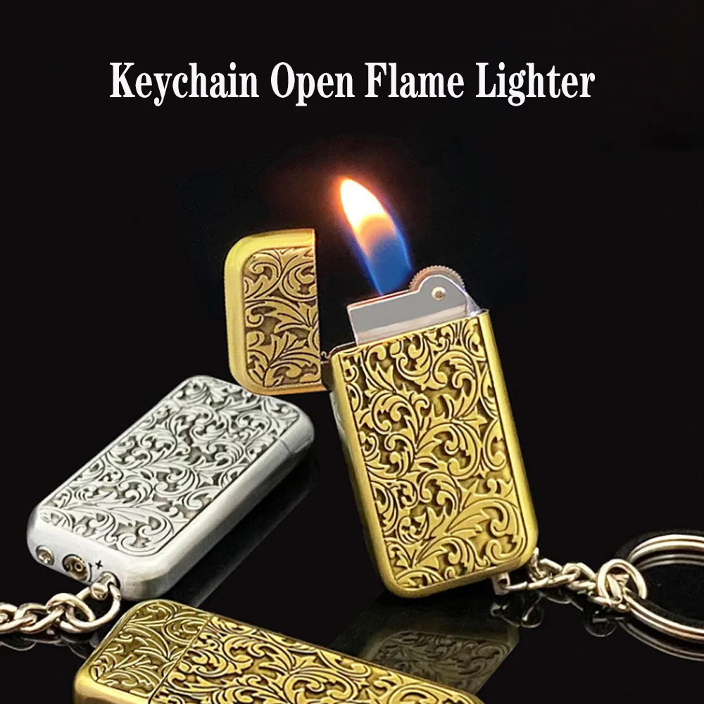 New Keychain Butane Lighter Zinc Alloy Open Flame Gas Lighter Outdoor Torch Lighter Smoking Cigarette Accessories Gadgets For Me