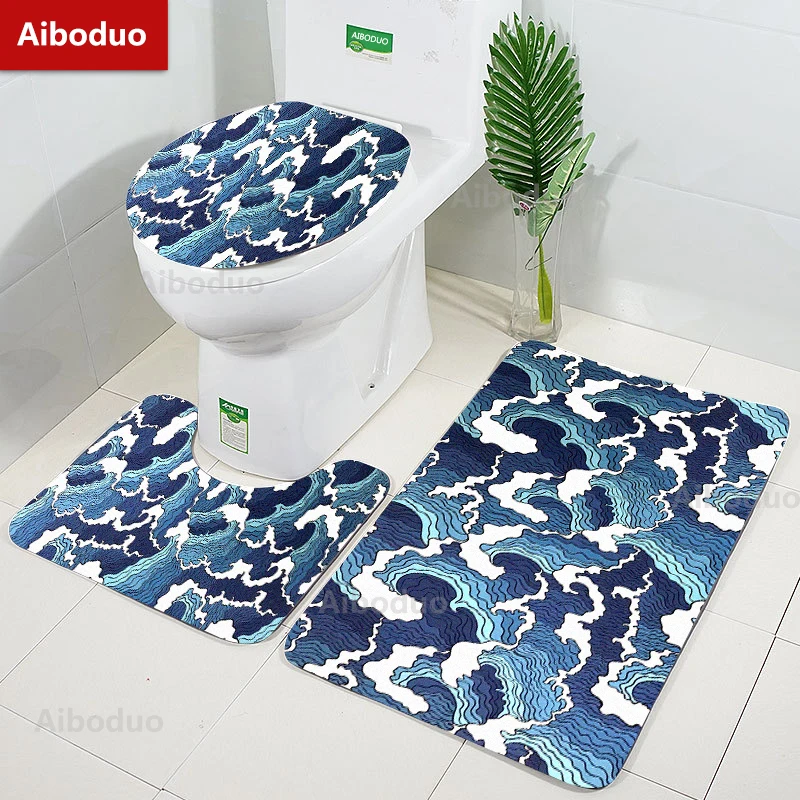 

Aiboduo Non Slip Blossom 3pcs/set Ukiyo-e Giant Waves Bath Mat Rug Toilet Lid Cover S M Bule Bathroom Carpet Bathroom Pad Set