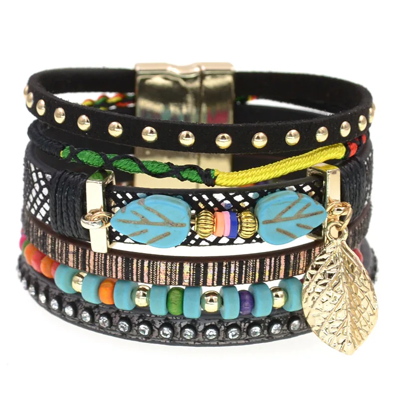 WELLMORE colorful bohemia bracelets for women leaf stone beaded leather bracelet charm Bracelets Female fashion Jewelry