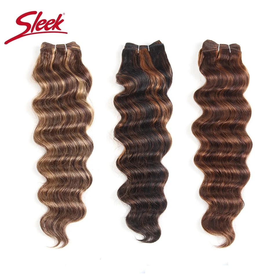 Sleek Brazilian Deep Wave Double Drawn Human Hair Bundles Brown P4/27 Color 100% Natural Human Hair 113 Grams Extension