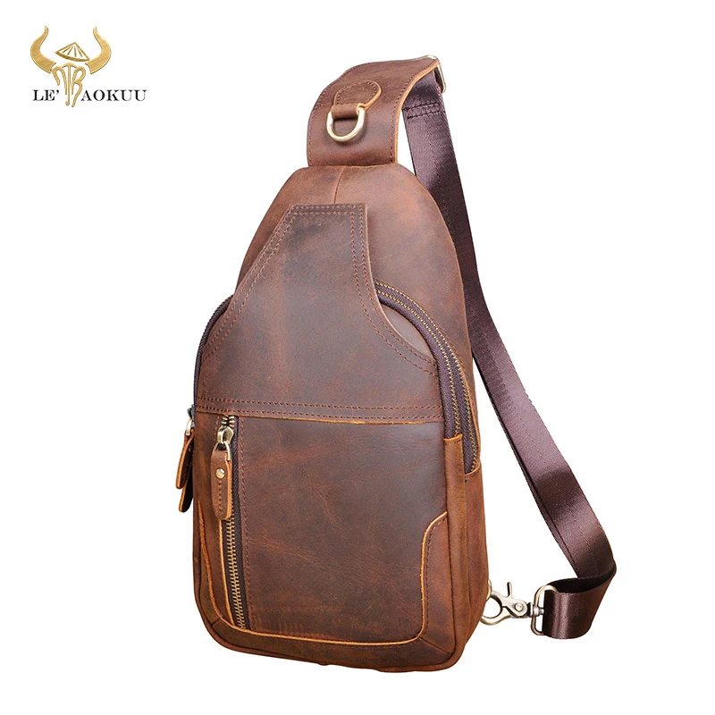 Men Crazy Horse Leather Casual Fashion Triangle Chest Sling Bag Design Daypack One Shoulder Crossbody Bag Male 6601-d