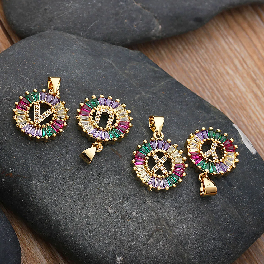 

AIBEF 26PCS/Lot A-Z Round Fashion Copper CZ Rainbow Letter Necklaces Pendant Charm Gold Chain Choker Necklaces For Women Jewelry