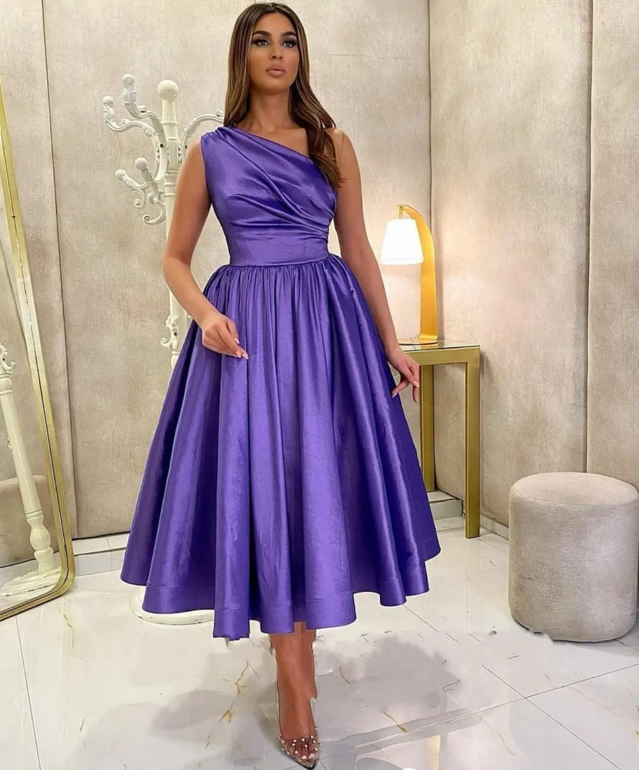 2024 Simple Satin A Line Short Prom Party Dresses una spalla pieghe lunghezza del tè abiti da sera arabi sauditi di compleanno