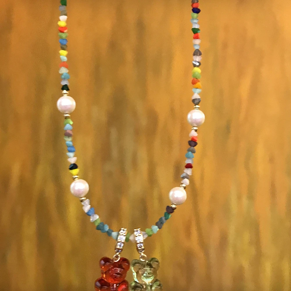 Boho Shiny Colorful Glass Beads Stone Beaded Necklace Resin Gummy Bear Zircon Pendant String Beads Choker Necklaces Women Jewely