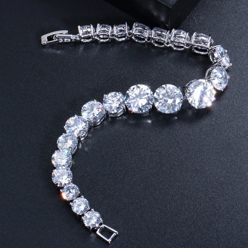 CWWZircons Luxury CZ Bridal Jewelry Silver Color Round Shape Big Cubic Zirconia Bracelets Bangles for Women CB150