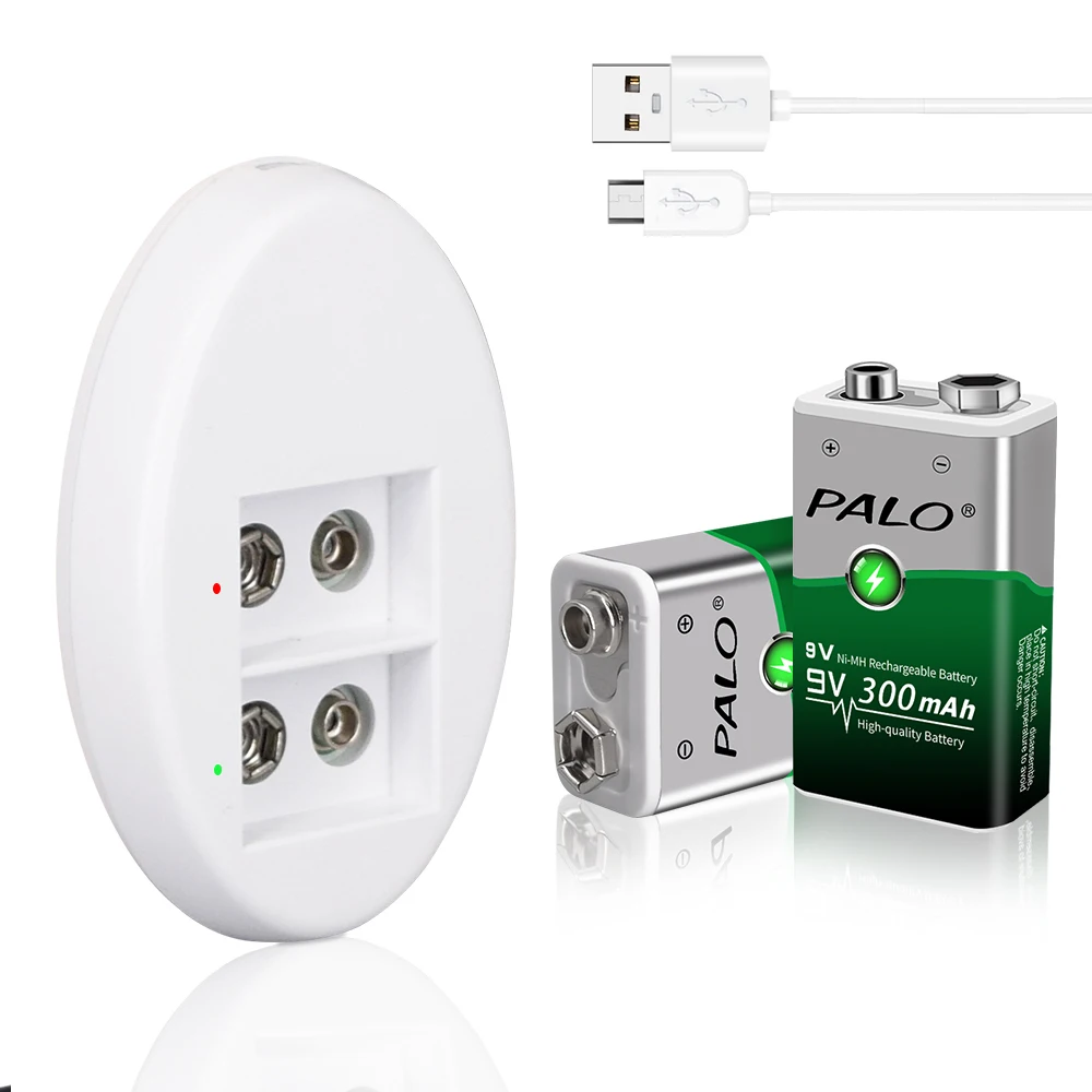 

PALO 2pcs 9V 6f22 Nimh Rechargeable Battery 300mAh Crown +Usb 9 Volts Ni-mh Lithium Batteries Charger Smart LED Display