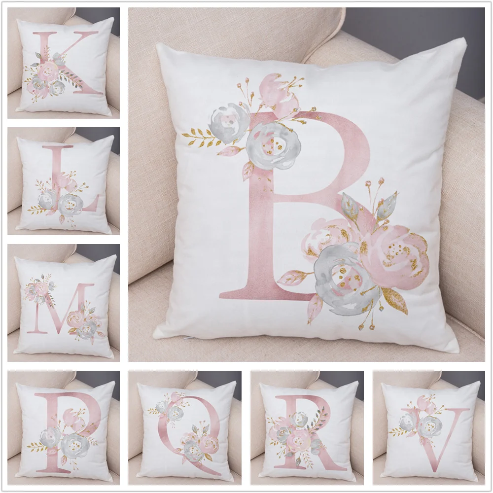 English Flower Pink Letter Print Pillow Case for Sofa Home Car Chidren Room Decor Floral A-Z Cushion Cover Plush Pillowcase