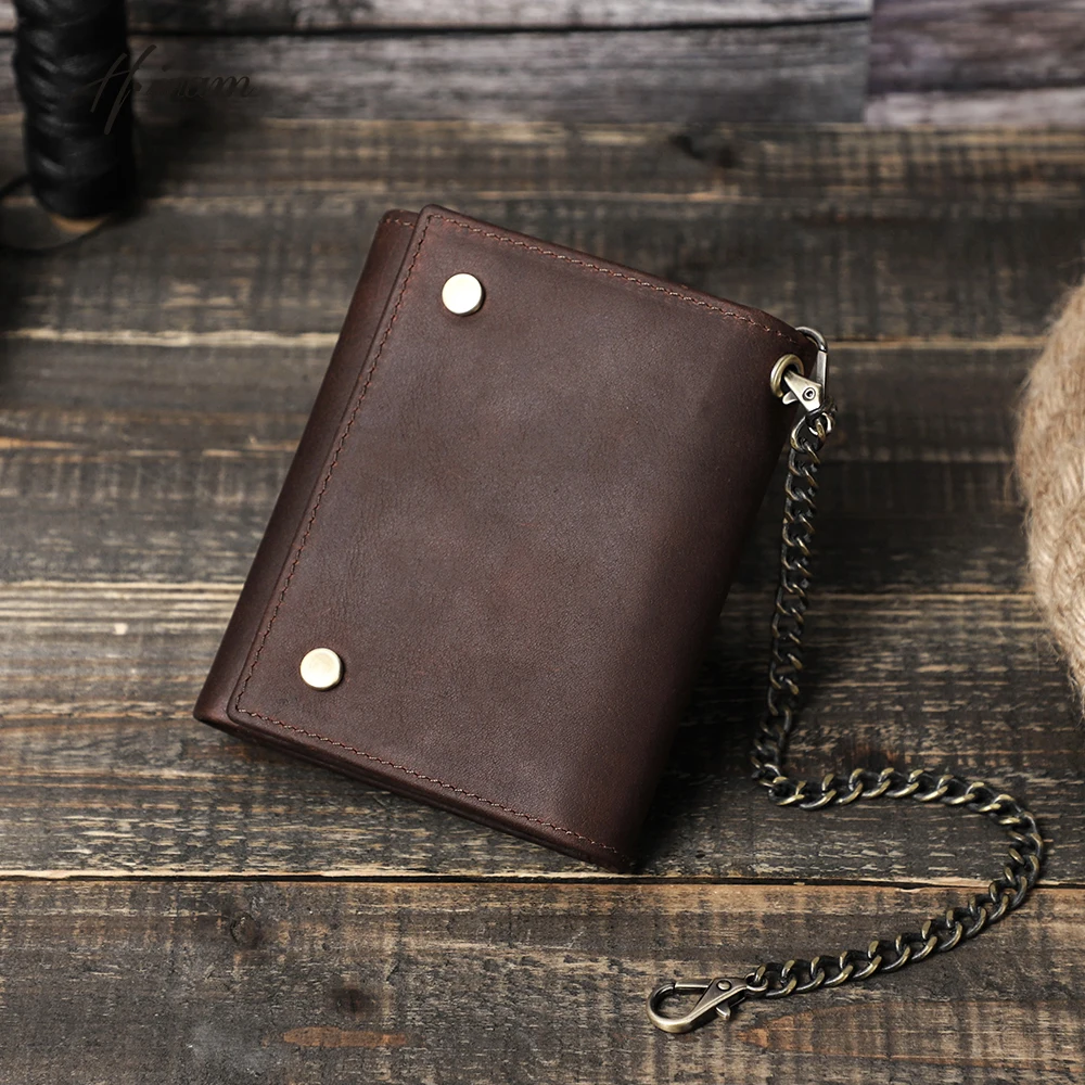 Cartera de cuero genuino para hombre, tarjetero corto con cadena, monedero de marca de alta calidad, nombre personalizado