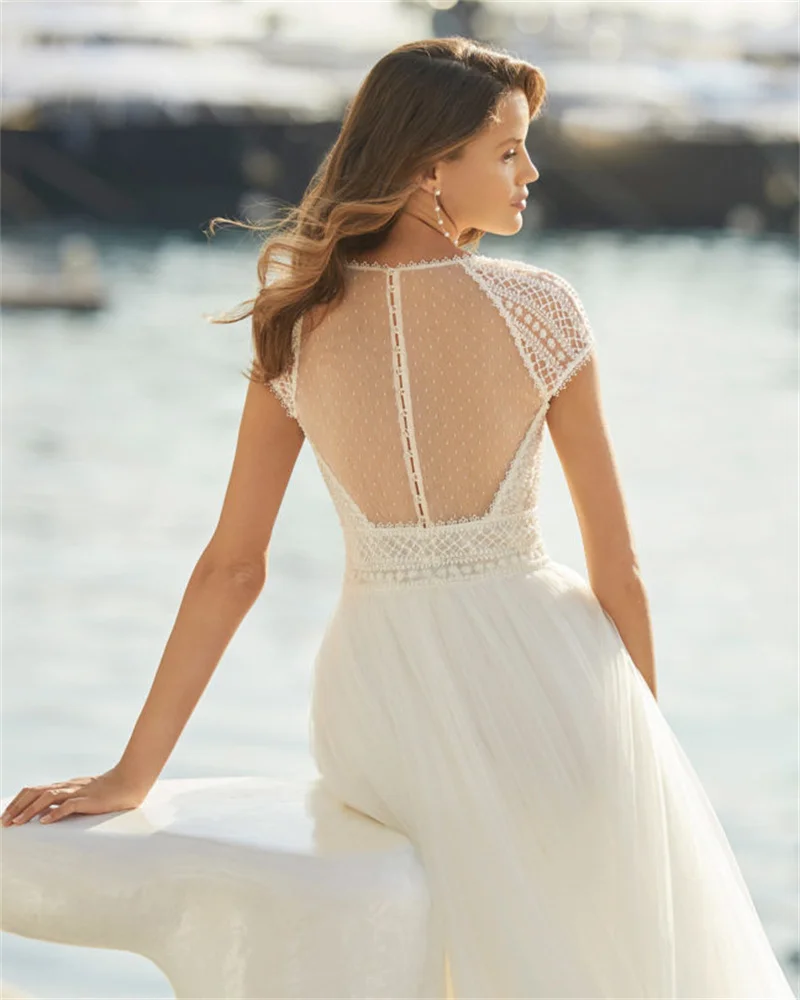 Abiti da sposa con scollo a V profondo Pizzo Sheer Back Cap Sleeve Personalizzato A-Line Abito da sposa Abiti da sposa arabi vestido novia