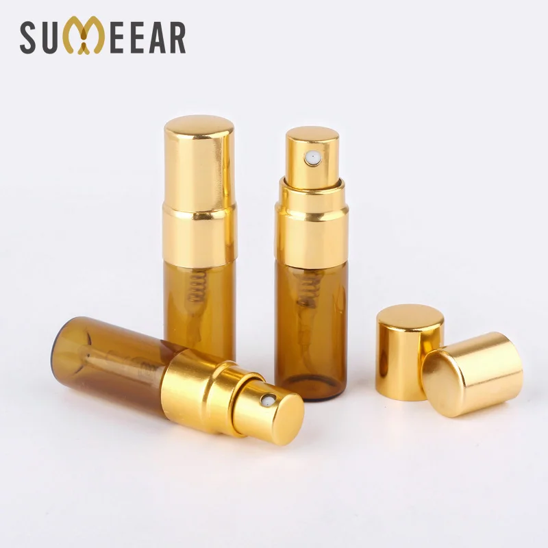 

100 Pcs/Lot Trial Pack 3ML Amber SPRAY BOTTLE Refillable Perfume Bottle GOLD Spray Bottle Atomizer Cosmetic Container Case