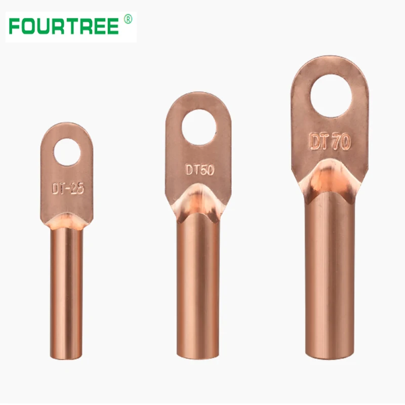 DT-10/16/25/35/50 Pure Copper Wire Connector Cable Lug Cold Pressure Crimp Terminal Blot Hole Nose Tube 5/10Pcs