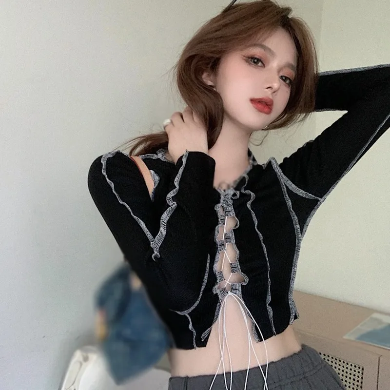 Autumn Women Lace Up Bandage Long Sleeve Crop Top Contrast Stitch Patchwork  Pastel Mall Goth Emo Alt Y2k  Girl Sexy Tee T Shirt