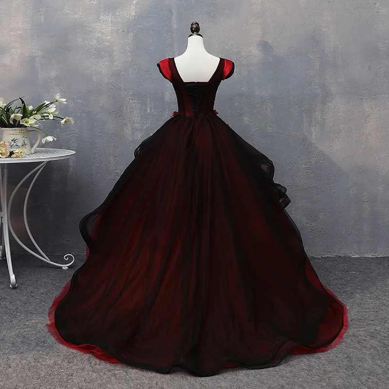 AnXin SH Vintage princess black and red lace v neck ruffles ball gown little flower lace up host stage customized evening dress