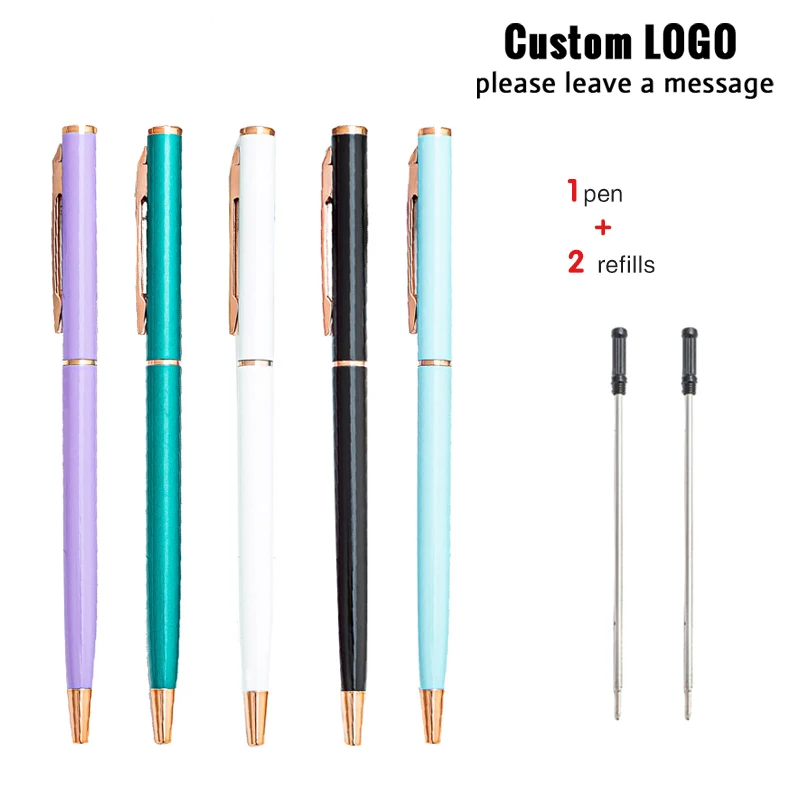 1Pen + 2Refills Metal Kawaii Color Ball Point Pen Business Advertising Gift Custom Carving Pen School Office Supplies Stationery