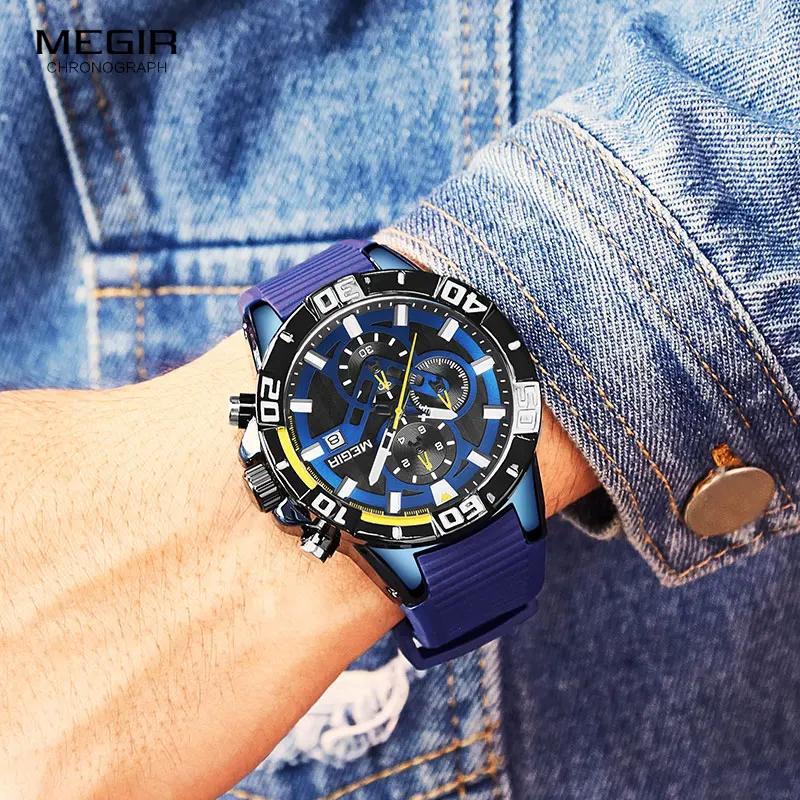 MEGIR Luxury Blue Watch Men Top Brand Silicone Bracelet Sport Chronograph Quartz Wrist Watches Man Relogio Masculino Clock 2121