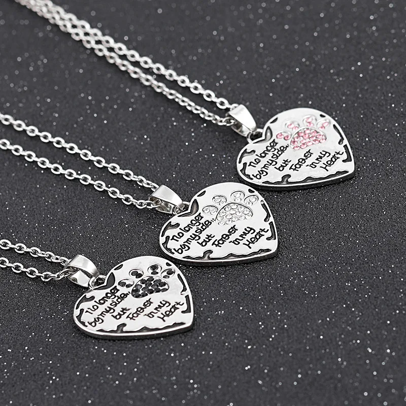 Heart Shape no longer by my side but forever in my heart Pet Lover Pendant Necklace Dog Paw Print Tag Stamped Gifts