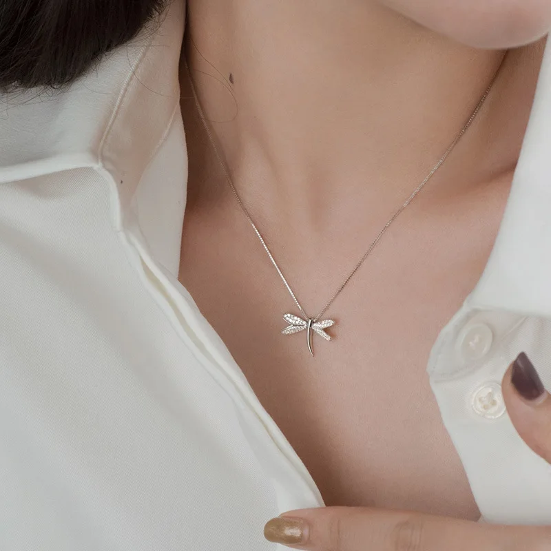 FOXANRY Silver Color Clavicle Chain Necklace for Women Trendy Elegant Charming Sparkling Zircon Dragonfly Bride Jewelry