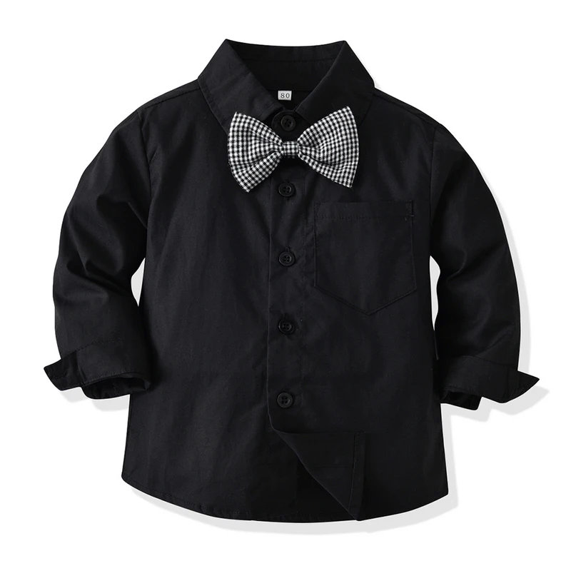 top and top New Kids Boy Clothes Set Boys Gentleman Long Sleeve Shirts with Bowtie+Suspenders Pants Suits for Wedding Party