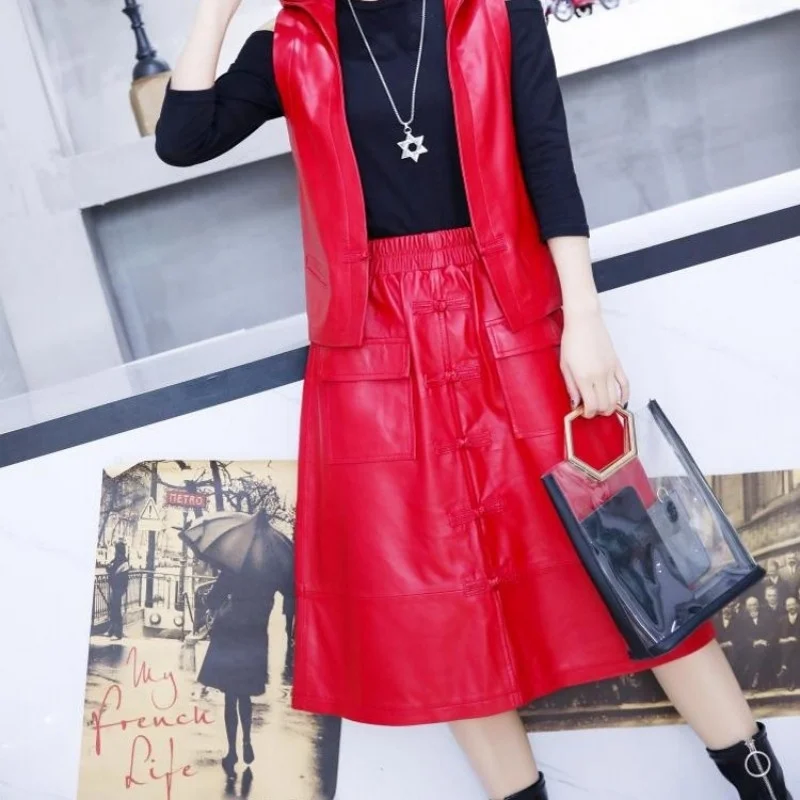 Style Chinese A-Line Skirts Women Streetwear Red Sheepskin Knee Length Skirts Designer High Waist Casual Mid Skirts Pockets