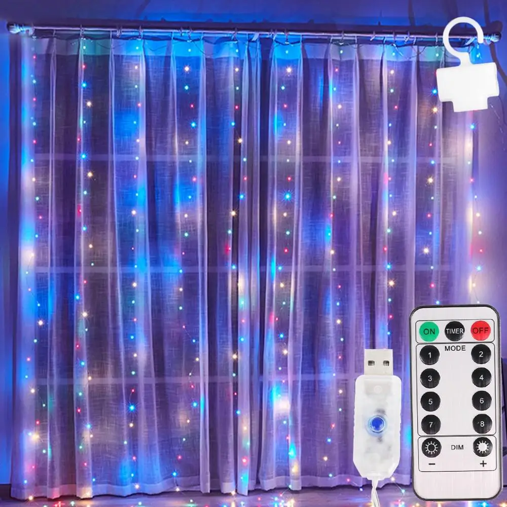 LED Fairy Lights Garland Curtain Lamp USB Remote Control Holiday Lighting Curtain Lights String New Year Christmas Bedroom Decor