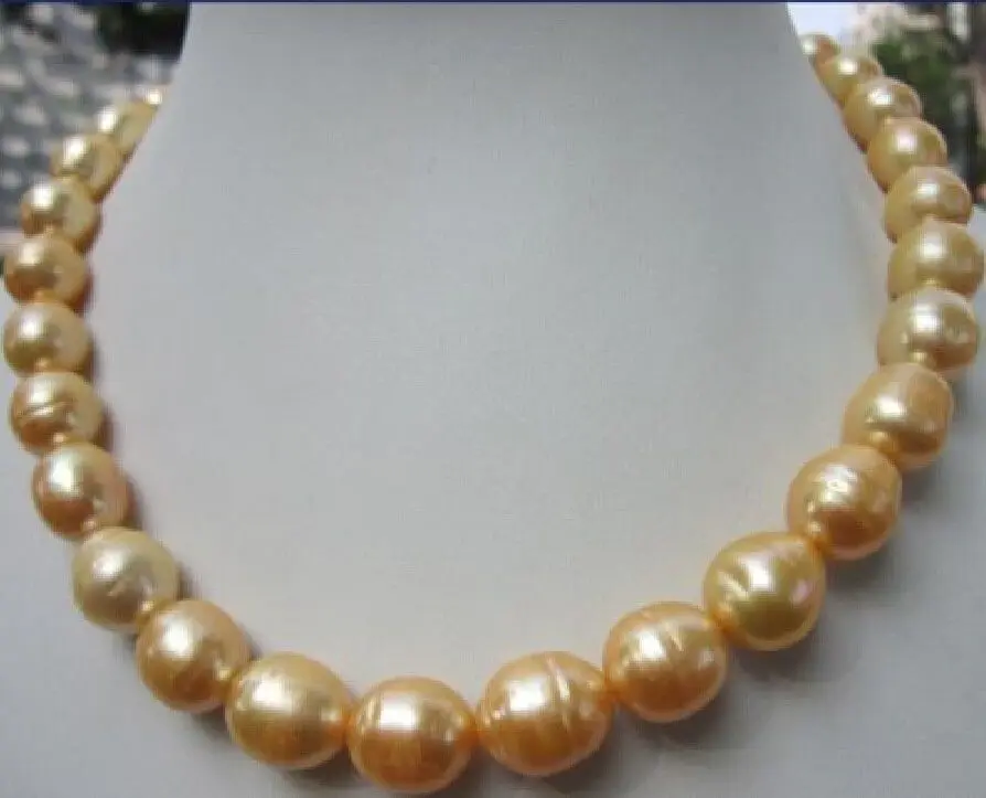 

elegant 12-13mm south sea baroque gold pearl necklace 18inch 925silver