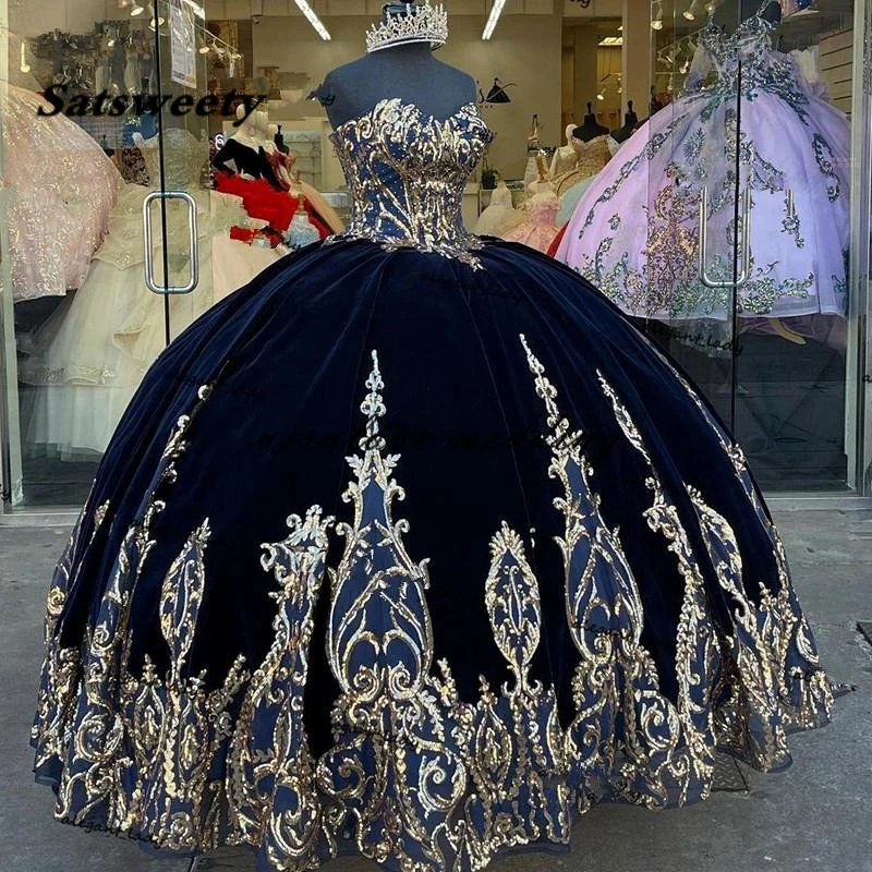 Navy Blue Velvet Princess Quinceanera Dress Ball Gown Sequins Lace Applique Vestido Mexicano Style Sweet 15 Prom Gown