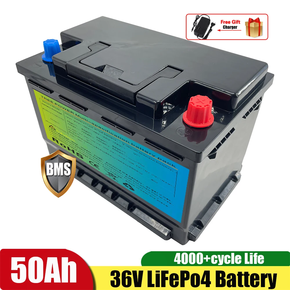 

Rechargeable 4000 Deep Cycles 36V 50Ah Lifepo4 Lithium Batteries Pack with BMS for RV /Camper/Car or Boat/Inverter +10A Charger