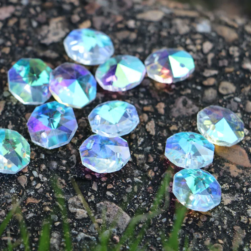 100pcs AB Color 14mm 2 Hole Crystal octagon Beads Crystal Glass Chandelier Parts hanging Drop