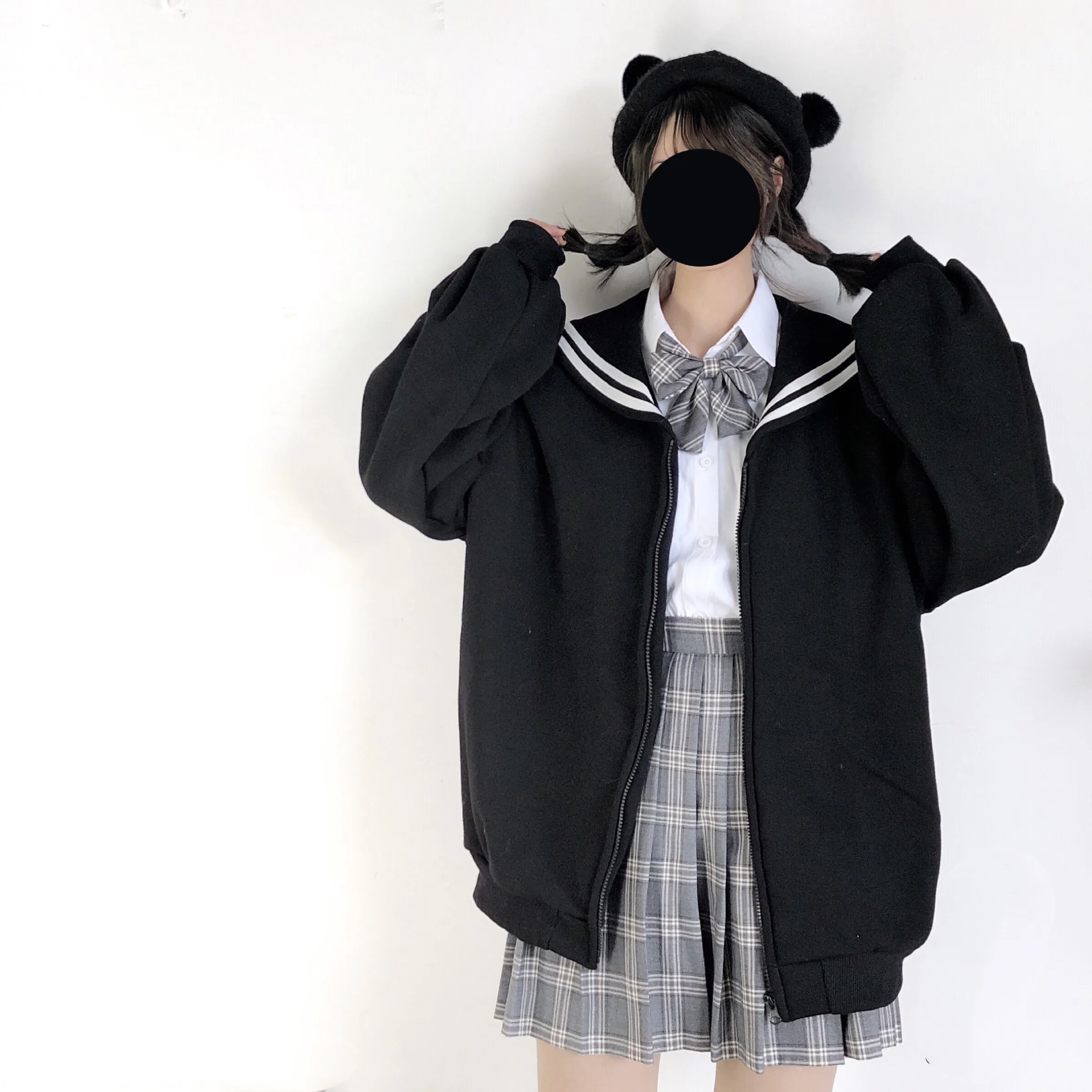 Winter Kawaii Girls Oversized Zip Up Hoodie Streetwear Sailor Collar Sweatshirt Women Harajuku Zipper Outerwear Jacket Black