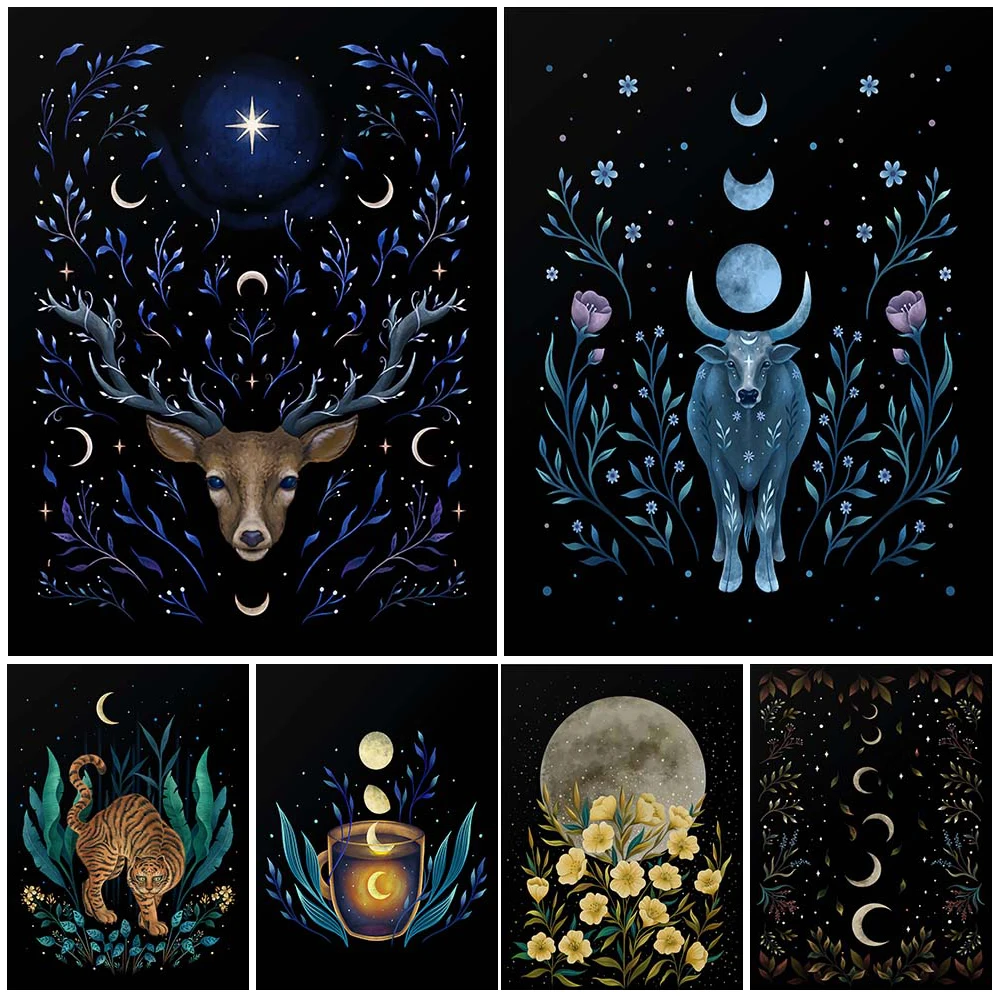 Tige,Ox,Moth And Moon Art Prints Full Moon Falling Into Cup Wall Art Canvas Painting Abstract Magic Dream Plant Poster And Print