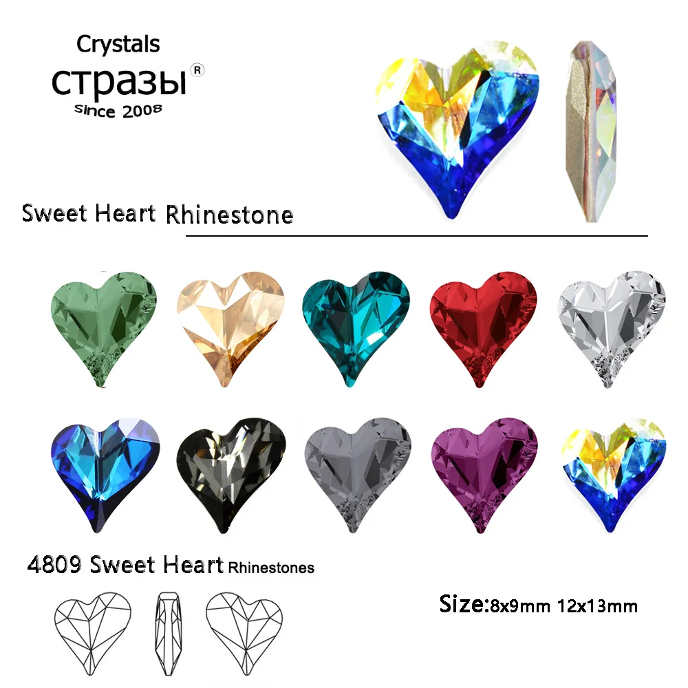 

CTPA3bI 8x9mm 12x13mm 4809 - Sweet Heart Crystal Glass Pointback Nail Art Rhinestone 3D DIY Strass For Garment Wedding Dress