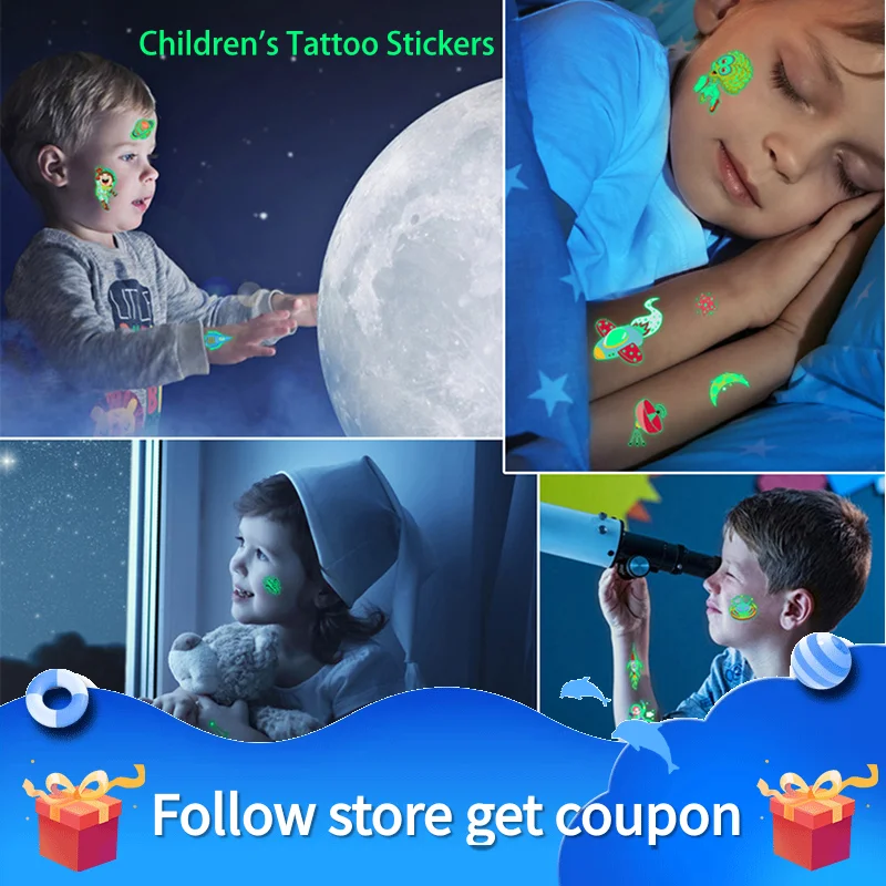 Children's Tattoo Stickers Cartoon Luminous Temporary Waterproof Glow Face Arm Leg Mermaid Unicorn Animal Traffic Cute Gift Kid