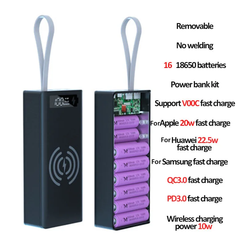 16*18650 Battery Storage Box PD QC3.0 Quick Charge DIY Power Bank Box Case 10W Fast Wireless Charging 18650 Battery Holder Box