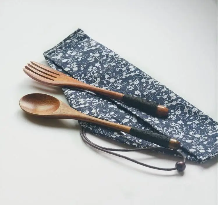 Japanese Korea Style Wooden Fork Spoon Two-piece Suit Environmental Travel Portable Tableware Dinnerware Bag Packing Wholesale