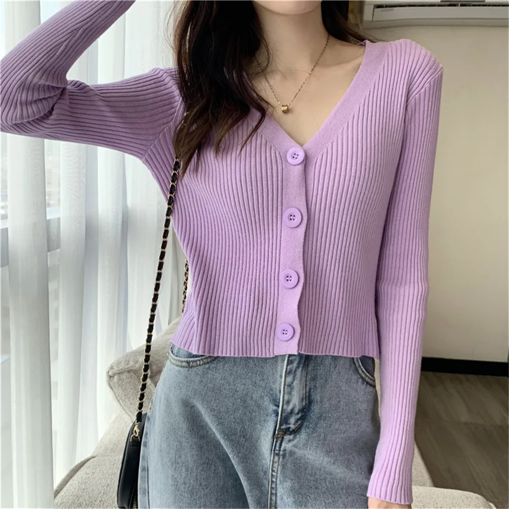 Single Breasted Solid Crop Top V-Neck Females Leisure Elegant Trendy Sweet Simple Design Outwear New Women Cardigan Sweater