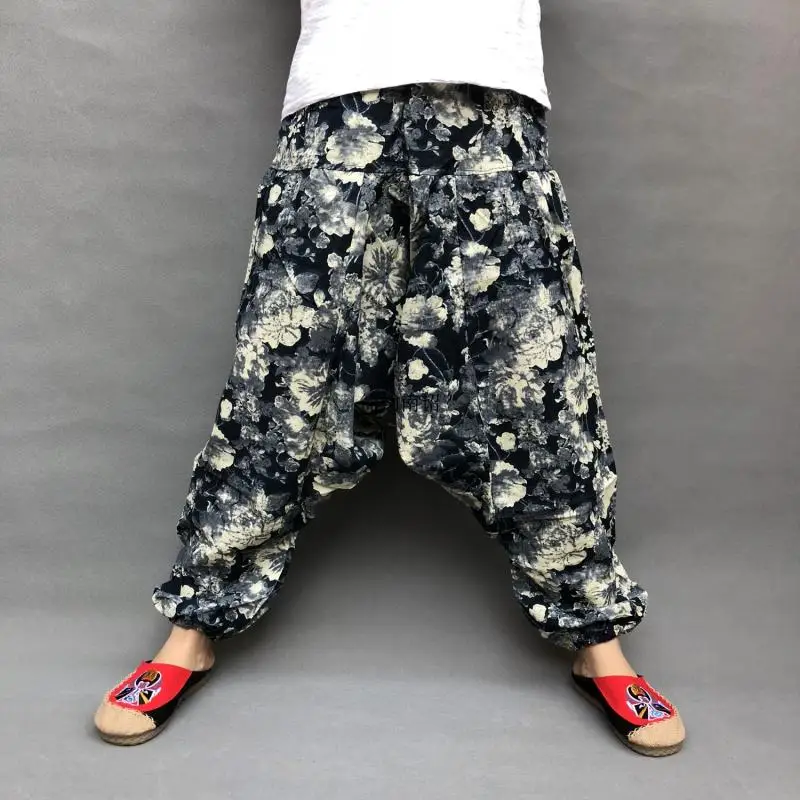 Étnicos Harem Pants Mulheres Hemp Bloomer Baggy Loose Mulheres Novas Calças 100% Algodão Linho Plissado Oversize Bolsos Calças Perna Larga