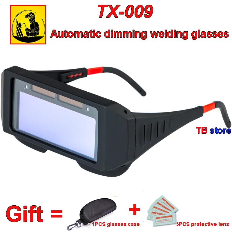 TX-009 Solar energy Automatic dimming Welding glasses 1PCS goggles + 1 PCS glasses case + 5PCS protective lens protection goggle