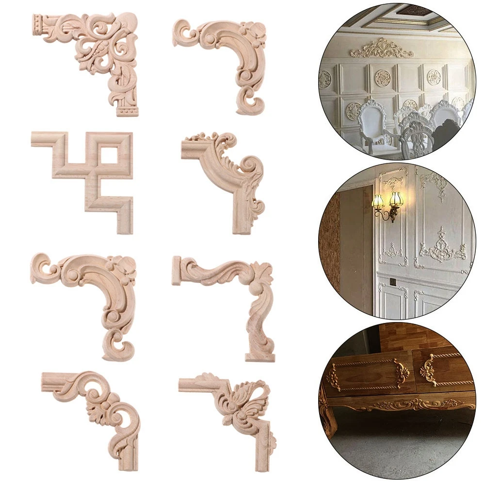 1PC Unpainted Oak Carved Wave Flower Onlay Decal Corner Applique New Decorative Wood Appliques Home Furniture Door Decor Crafts