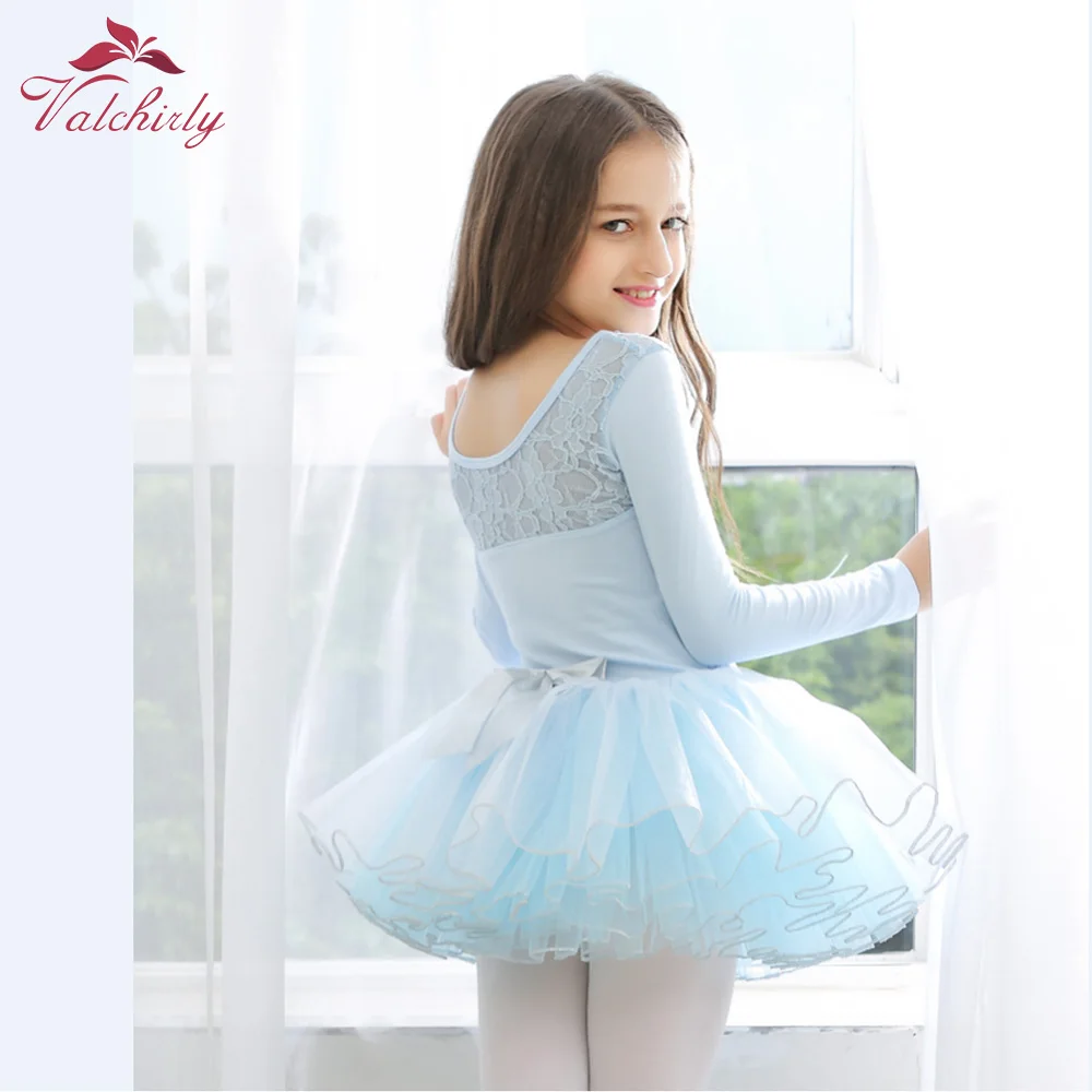 Blue Winter Long Sleeves Girls Ballet Leotard Tutu Dress Lace Dance Clothing Puffy Skirt for Kids