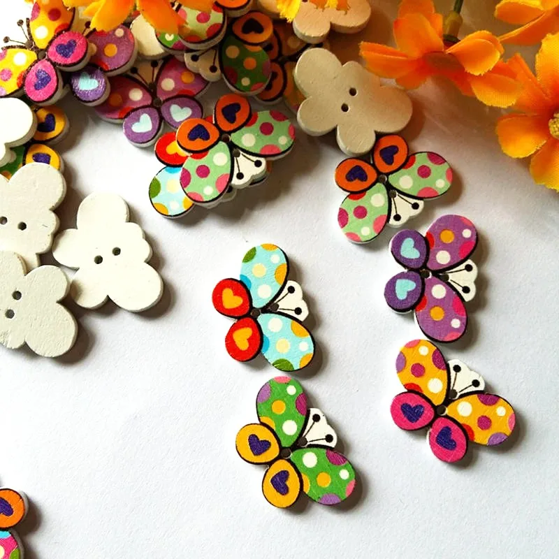 50 pcs/lot Mixed Butterfly Buttons Decorative Button Baby Shower Sewing Accessories Crafts wooden buttons  30x20mm