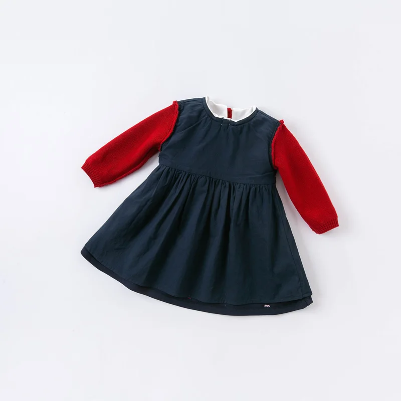 DBM14515 dave bella autunno del bambino della ragazza arco sveglio del maglione del ricamo del vestito dei bambini di modo capretti del vestito da