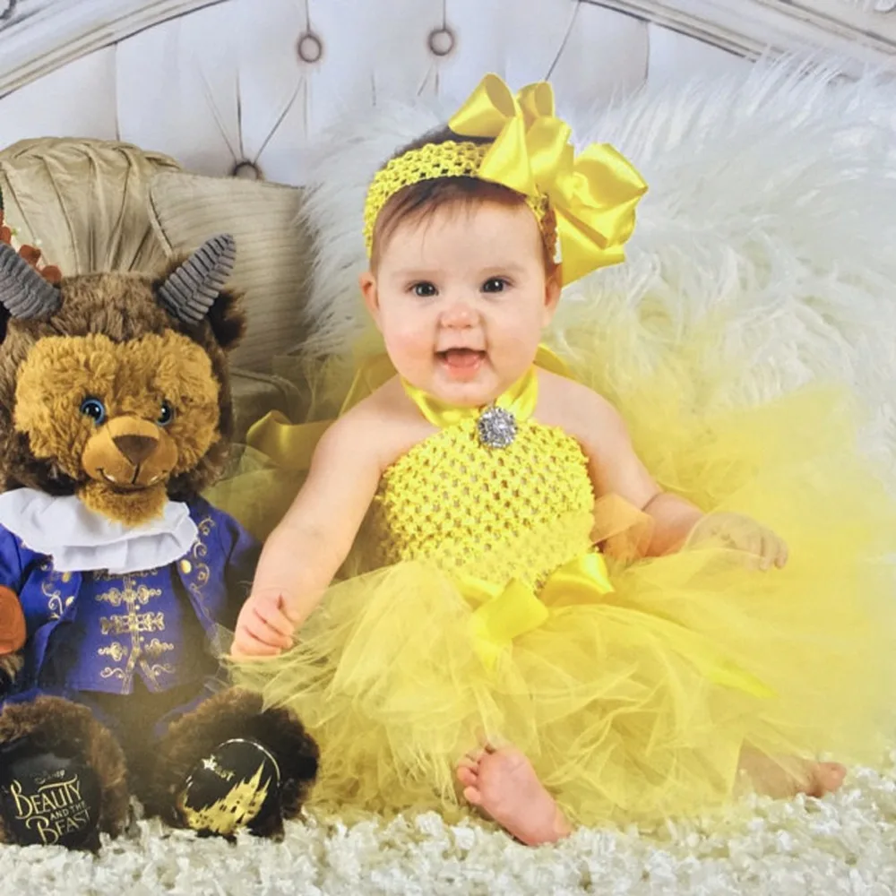 Cute Baby Girls Yellow Tutu Dress Infant Toddler Crochet Tulle Dress with Hairbow Set Children Birthday Party Costume Dresses